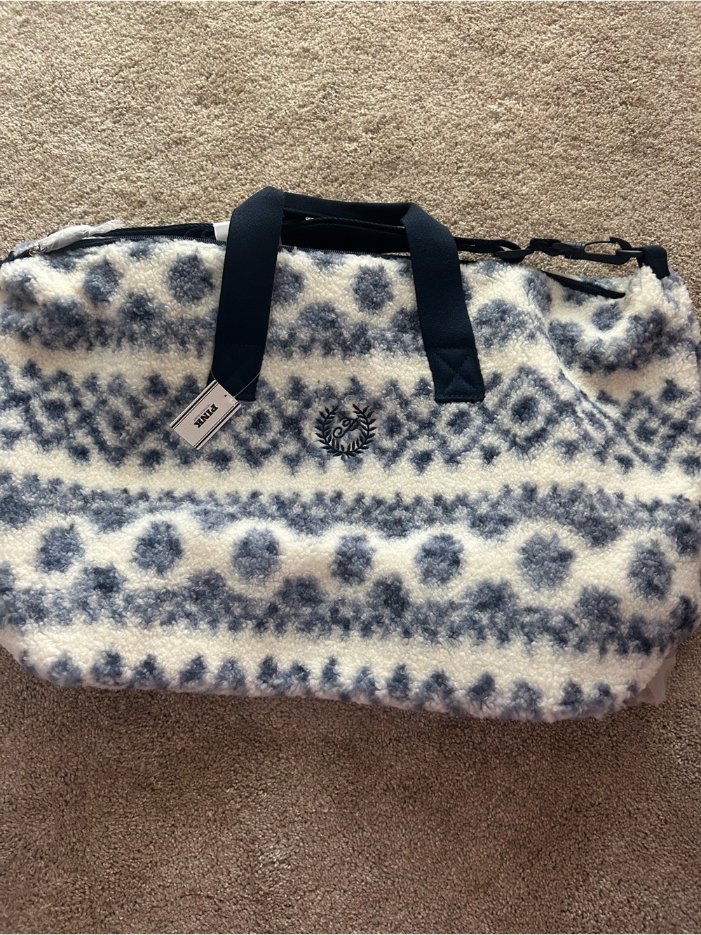 PINK Victoria's Secret Blue and Cream Sherpa Weekender